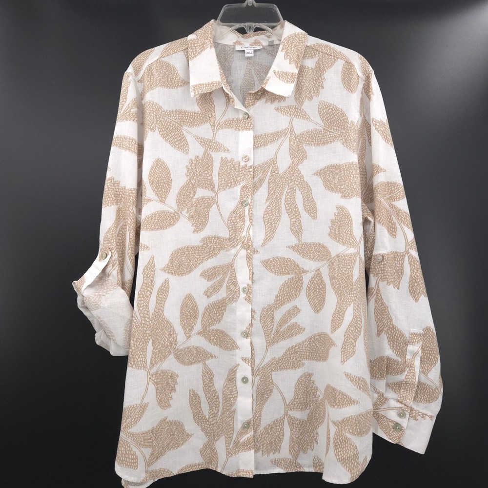 Chicos Button Down Shirt Womens 3 XL Tan White Linen Botanical Roll Tab Sleeve